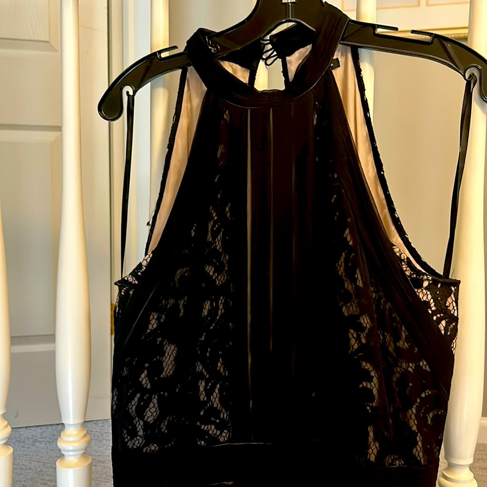 Black evening gown w/black lace/nude bodice Align flowing bottom. Size 12